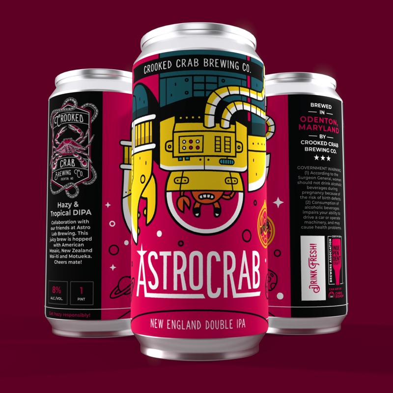 AstroCrab Double IPA can artwork - space-themed craft beer label illustration design.