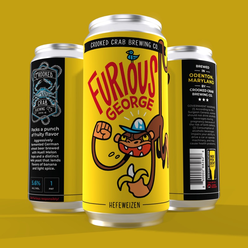 Furious George Hefeweizen can design - cartoon monkey-themed craft beer label artwork.