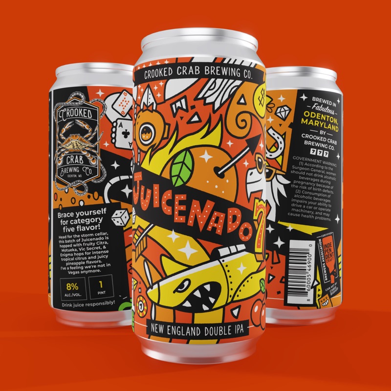 Juicenado Double IPA can design - vibrant illustrated beer label for Crooked Crab Brewing Co.