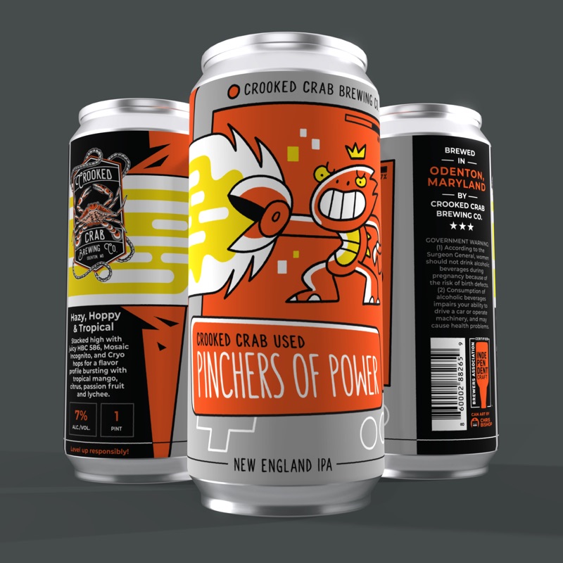 Pinchers of Power New England IPA can illustration - bold comic-style beer label design.