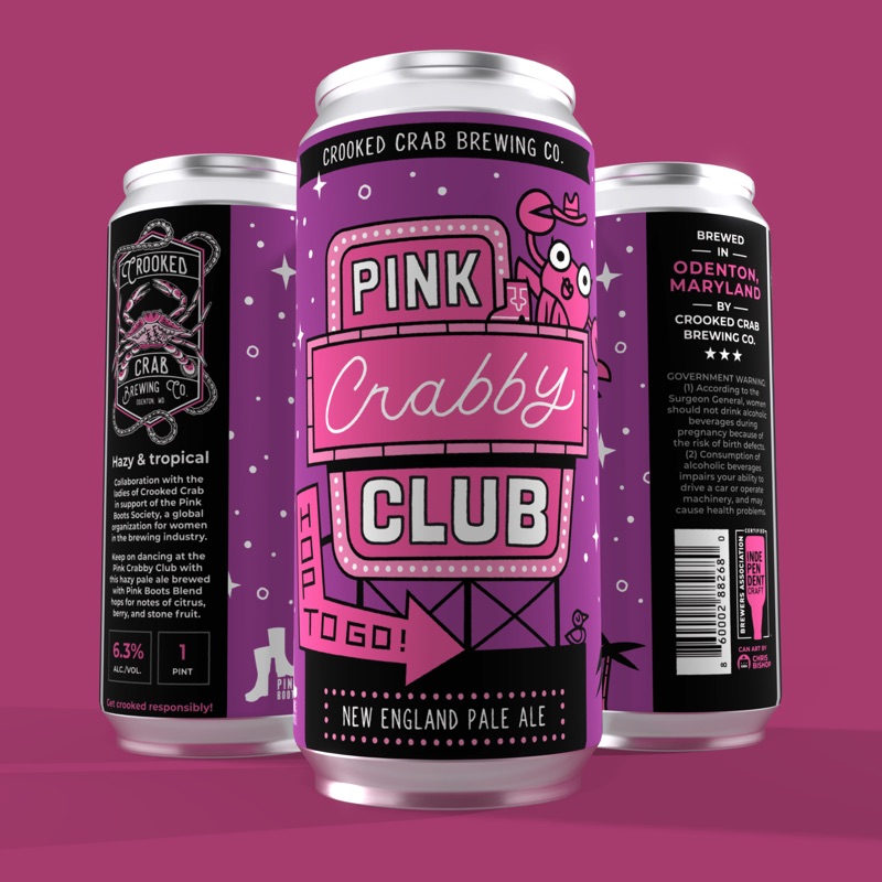 Pink Crabby Club beer can illustration for Crooked Crab Brewing Co. - New England Pale Ale label design