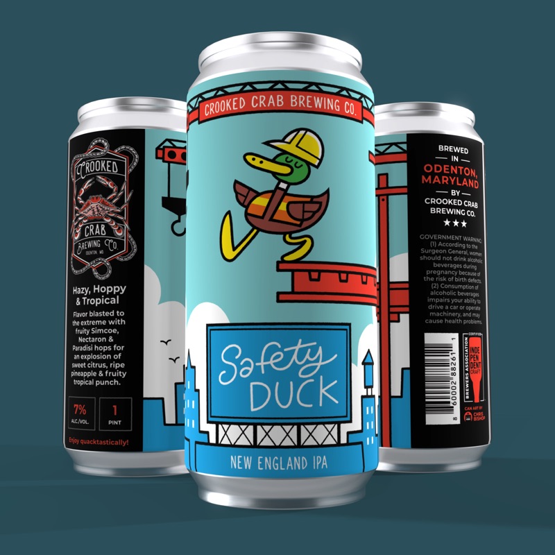 Safety Duck New England IPA can illustration - playful brewery label design by Crooked Crab Brewing Co.