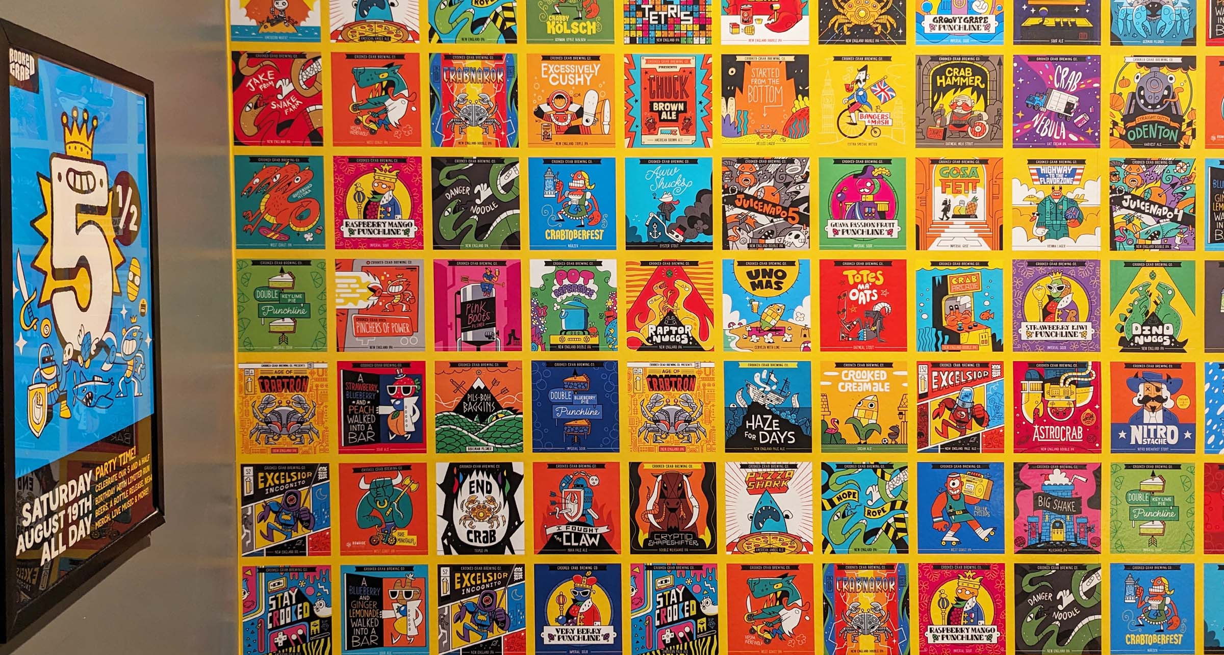 The magic label wall at Crooked Crab taproom in Odenton, Maryland